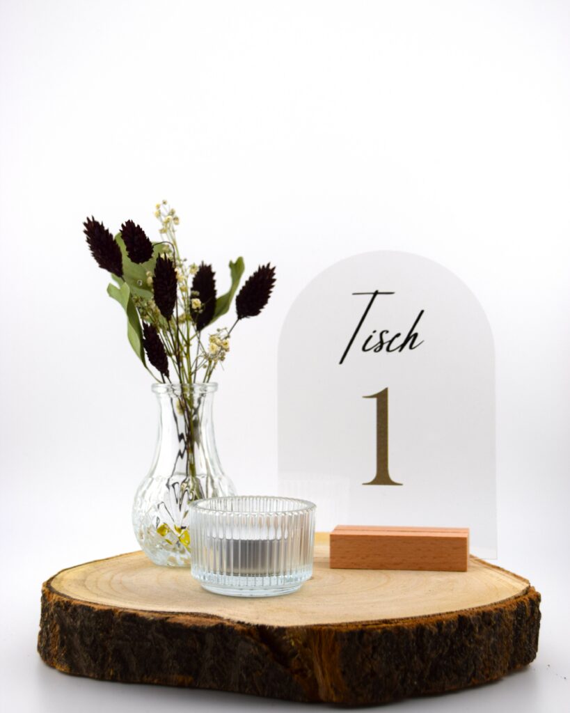 Tischnummern-Menuhalter-Acryl-transparent-Holz-Dekorationsverleih-Hannover