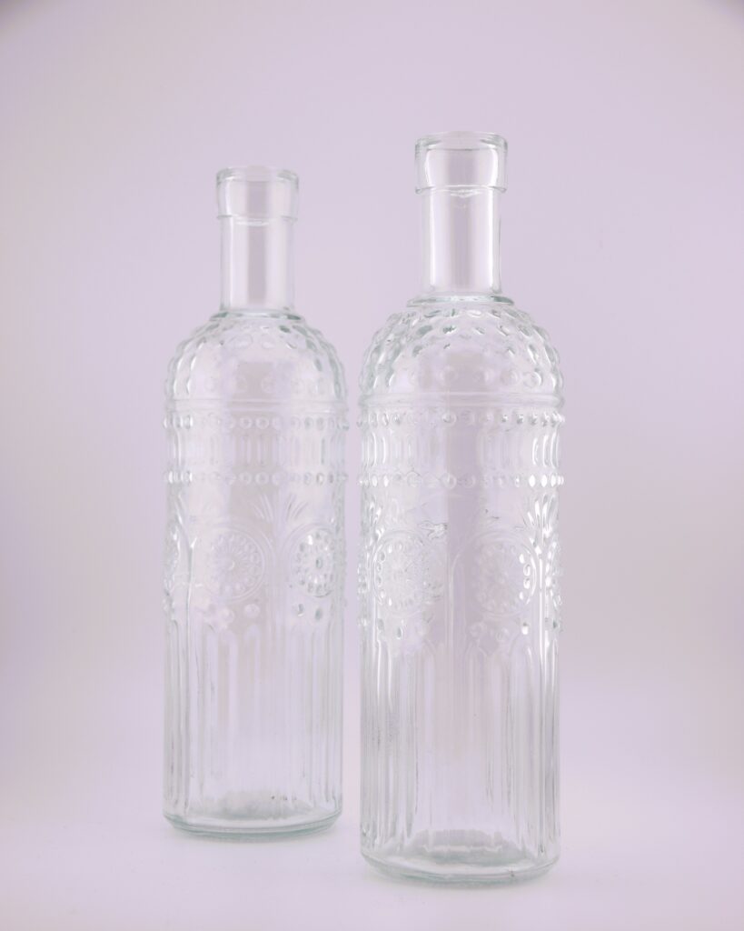 Glasflasche-Vase-Flasche-gemustert-tranparent-transparent-Dekorationsverleih-Hannover