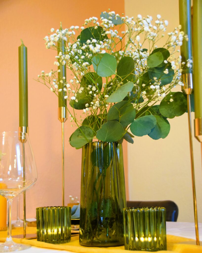 Teelichhalter-Vase-grün-klar-geriffelt-Dekorationsverleih-Hannover