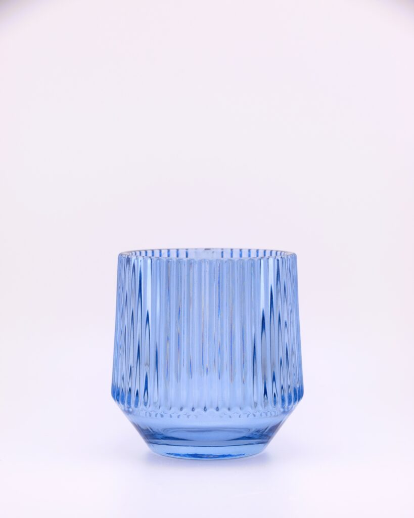 Teelichhalter-Glas-hellblau-klar-geriffelt-Dekorationsverleih-Hannover